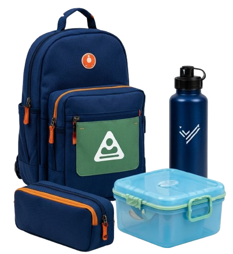 School bag, water flask and lunch box