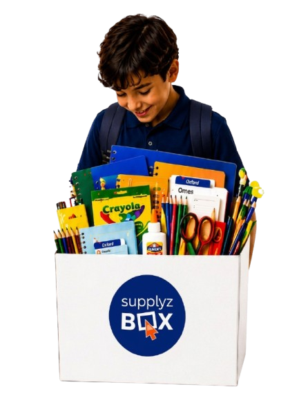 Boy holding a box full of school supplies