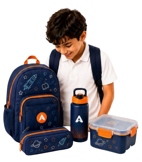 Boy with backpack, water bottle and lunch box